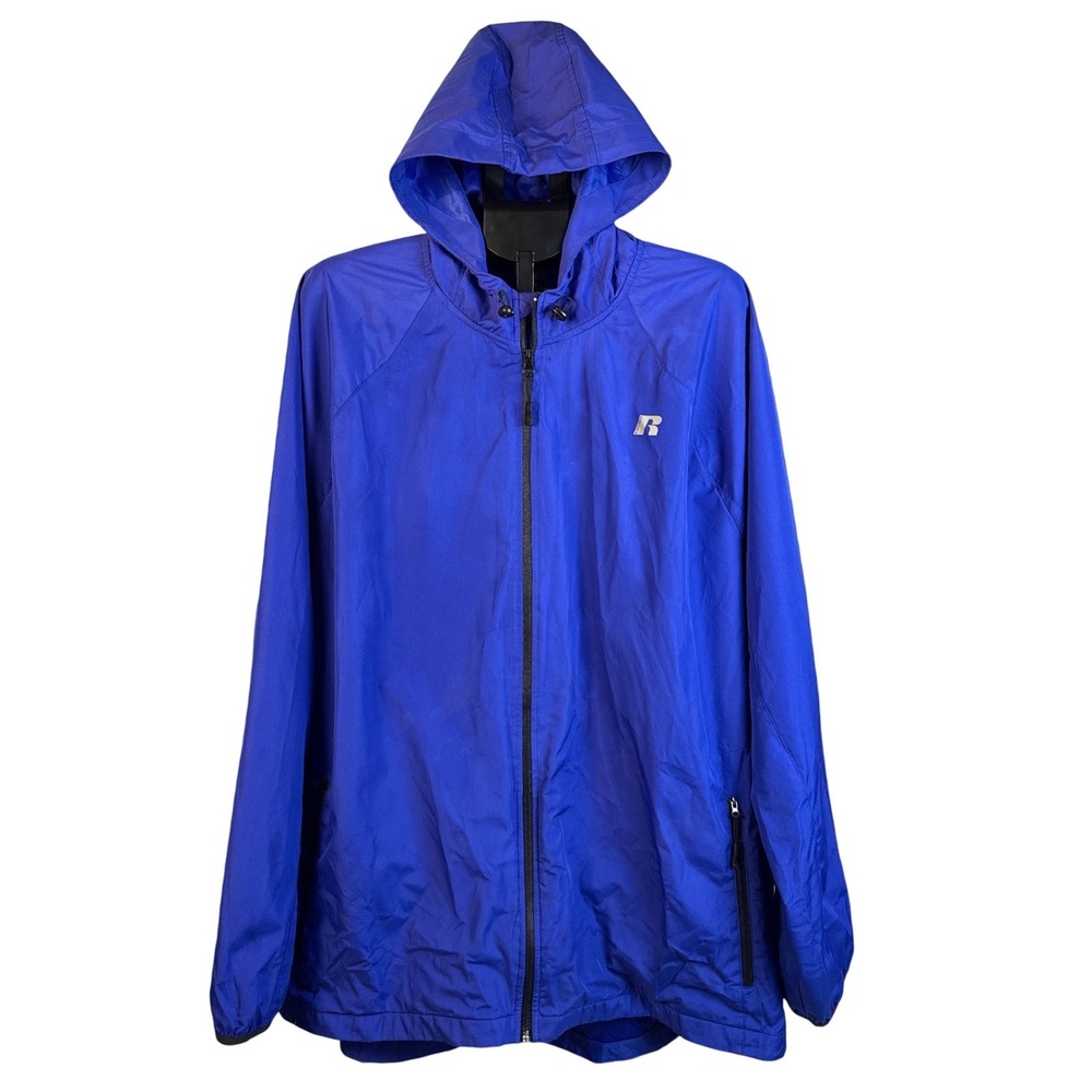 Russell Athletic Mens 3XL Blue Hooded Windbreaker Full Zip Jacket Reflective